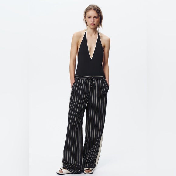Zara Striped Women’s Wide Leg Trousers Pants with Drawstring Tie - Picture 4 of 9